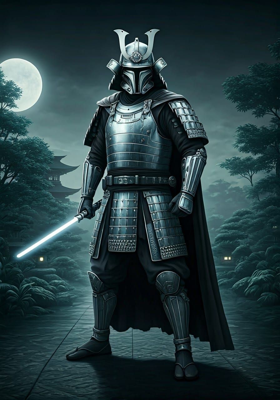 Silver Samurai Jedi Knight in Moonlit Garden