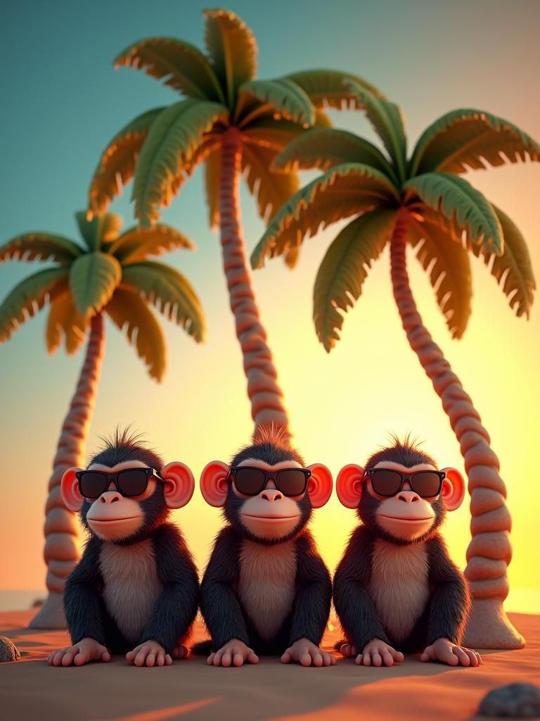 Monkeys Lounging Under Palm Trees at Sunset