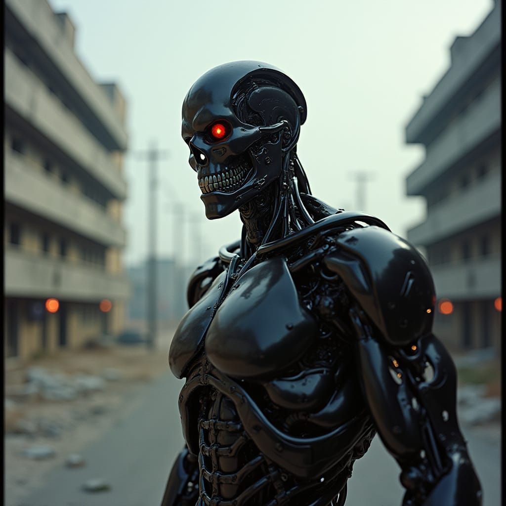 Cyborg Assassin in Dystopian Cityscape