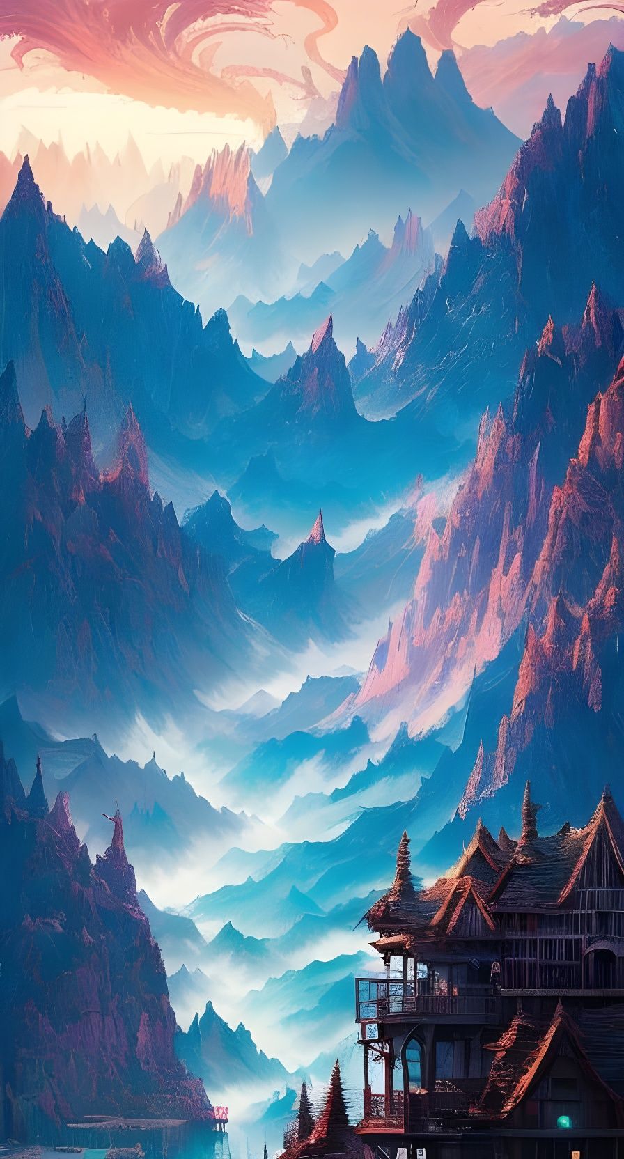 Scenic Mountain View in Anime and Gouache Style