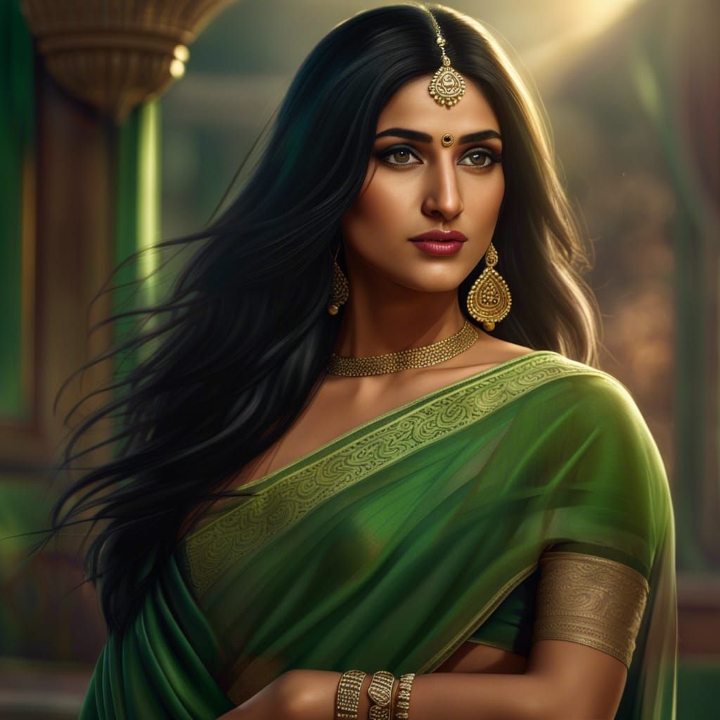 Beautiful Indian Woman in Green Saree: 8K Photo