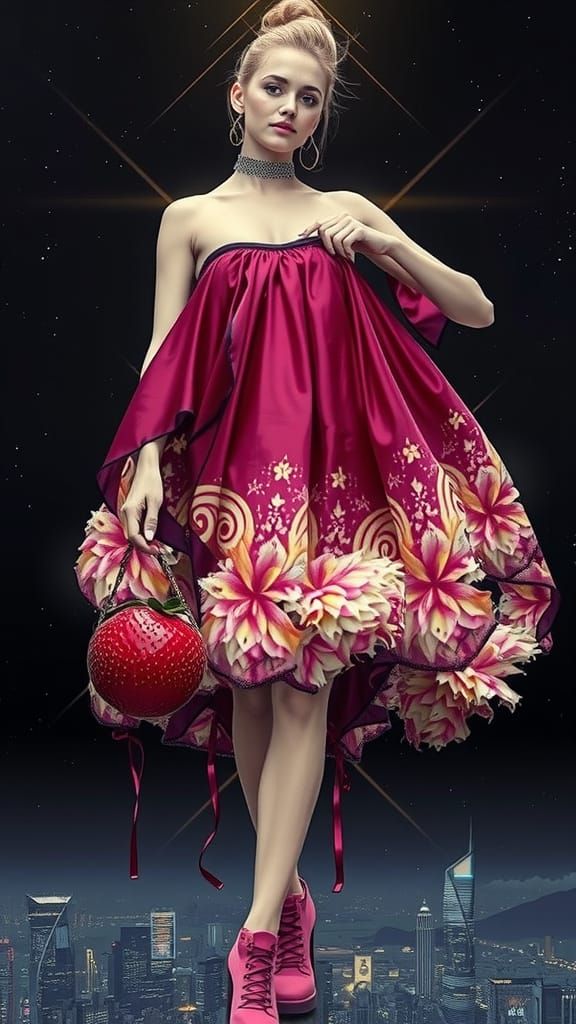 Strawberry Blonde Woman in Pink Dress in Cyberpunk Cityscape