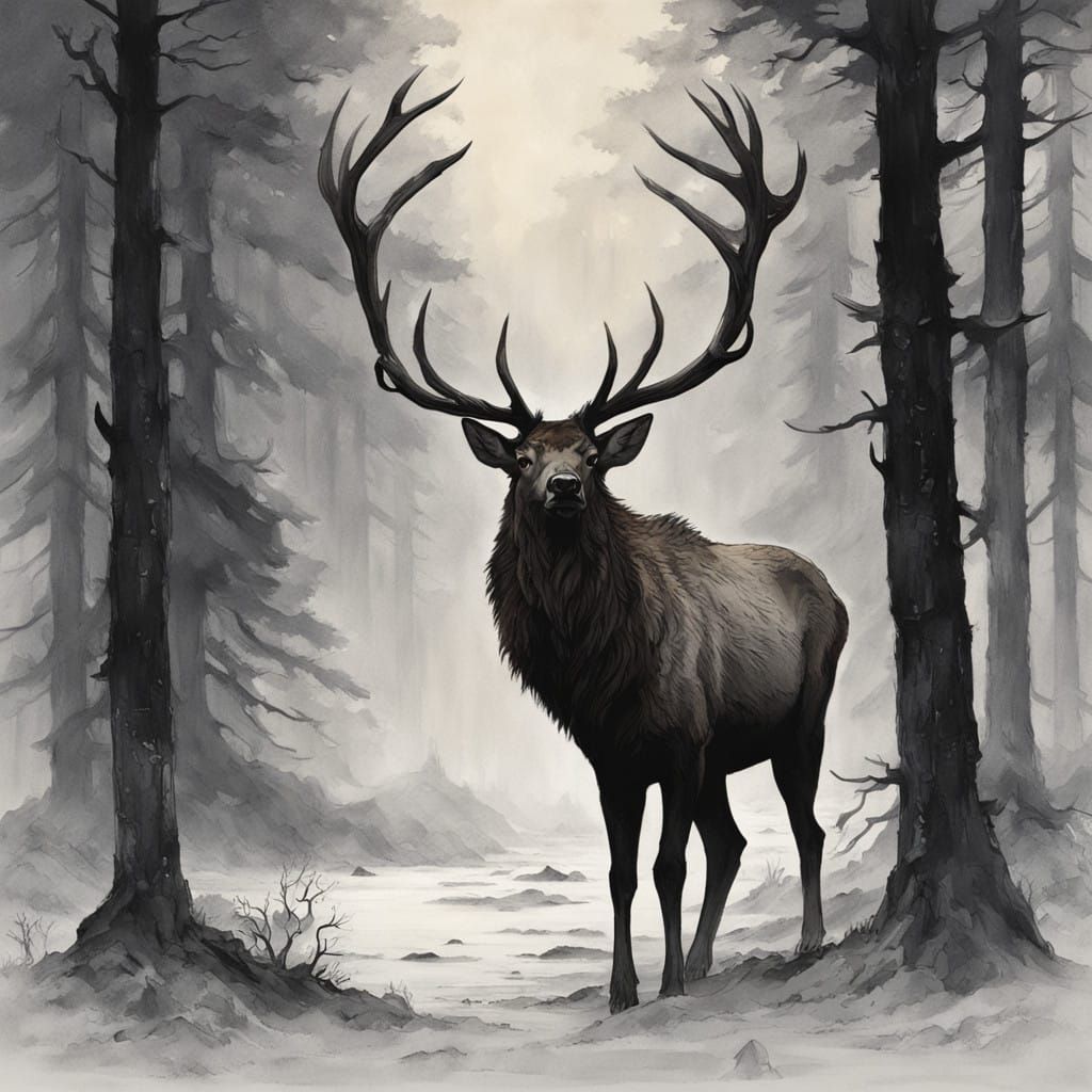 Majestic Elk in Dark Forest, Gothic Illustration