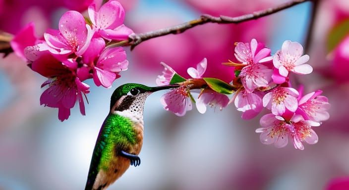 Fragile soft cherry blossoms with a special friend- a hummingbird.