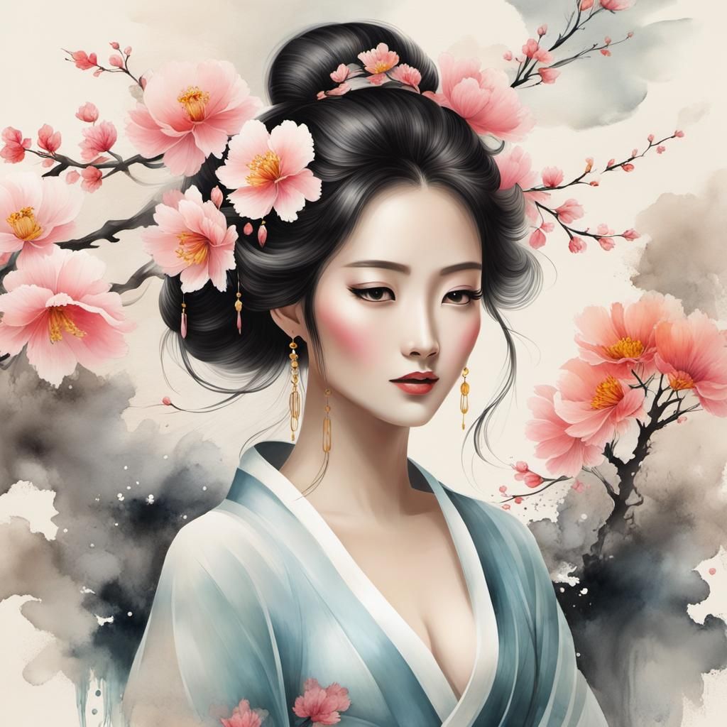 Chinese Goddess in Muted Ink Painting Style