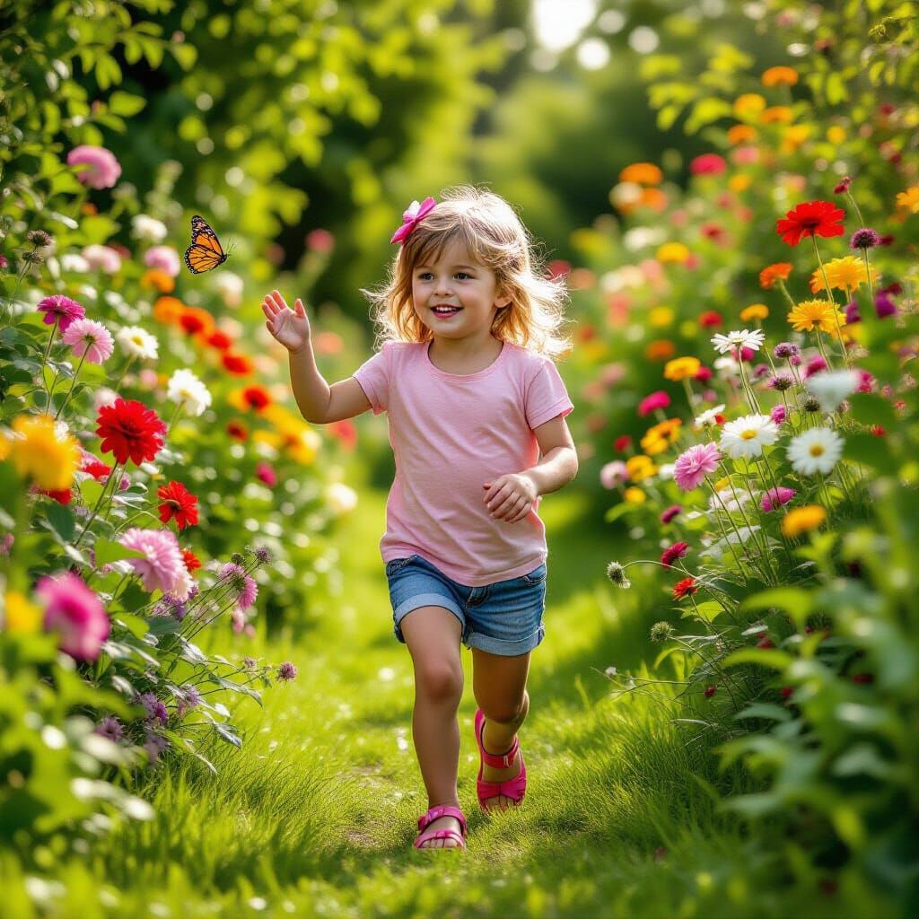 Girl Chasing Butterfly in Lush Garden, Hyperrealistic Style