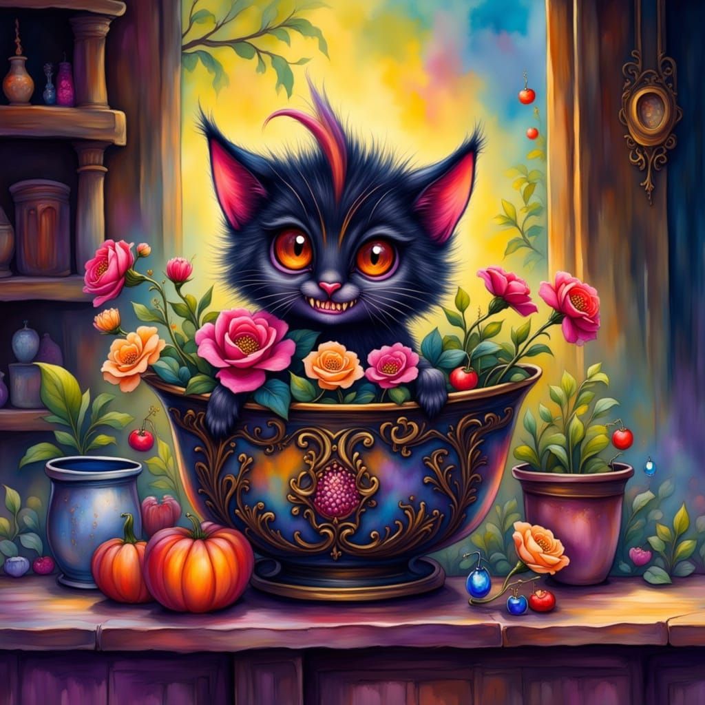 Aetherpunk Chibi Monster Cat in Gothic Plant Pot