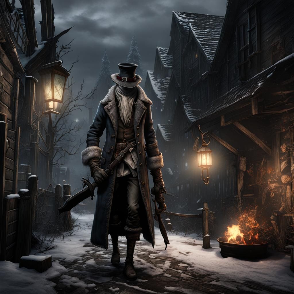 Santa Claus as Bloodborne Hunter in Dark Artwork