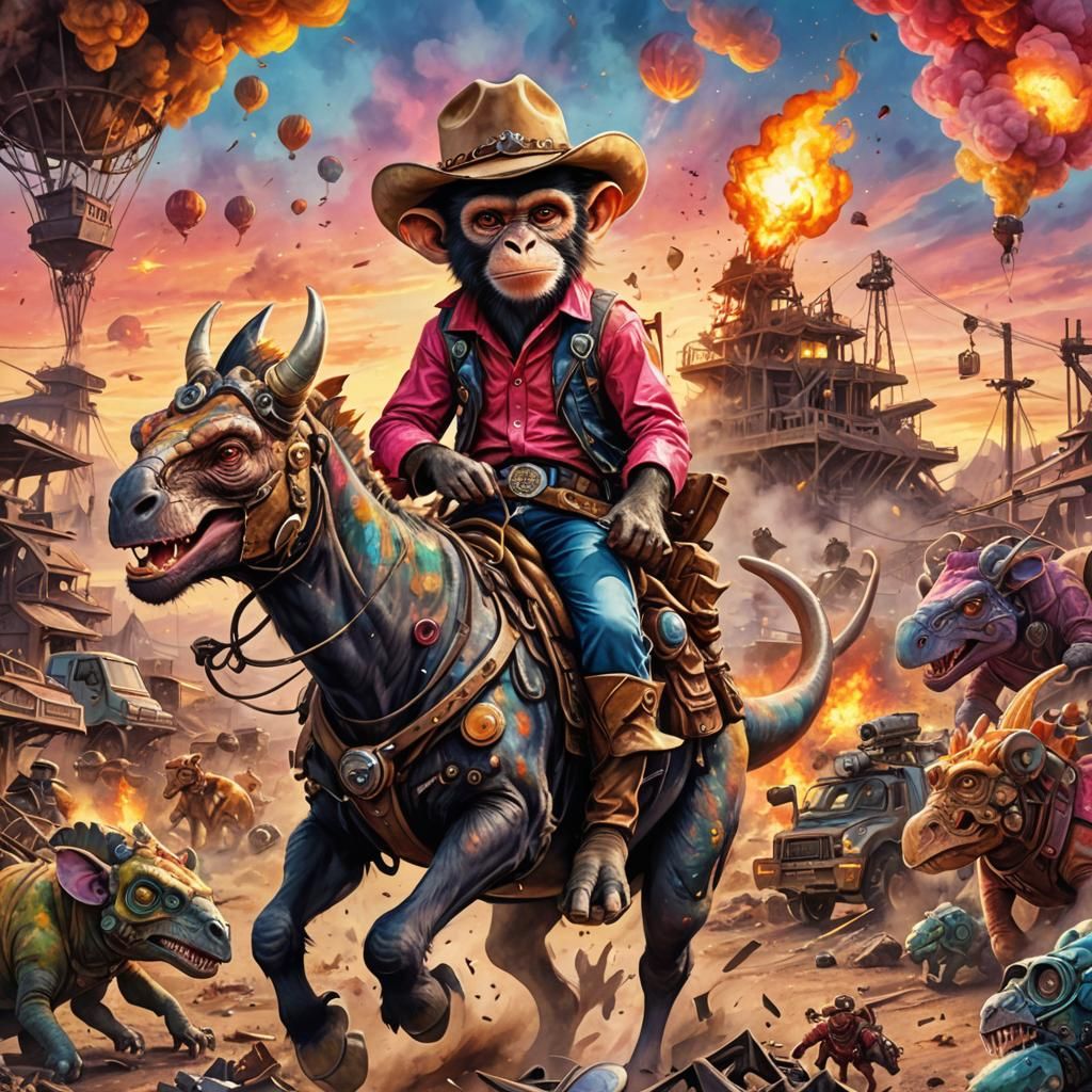 Cowboy Monkey Rides Triceratops in Watercolor Style
