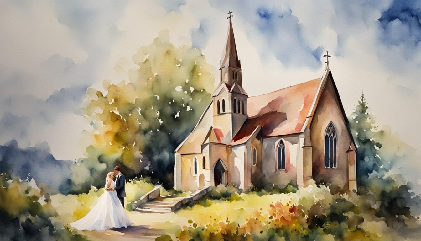 Bride and Groom in Church with Godrays, Watercolor