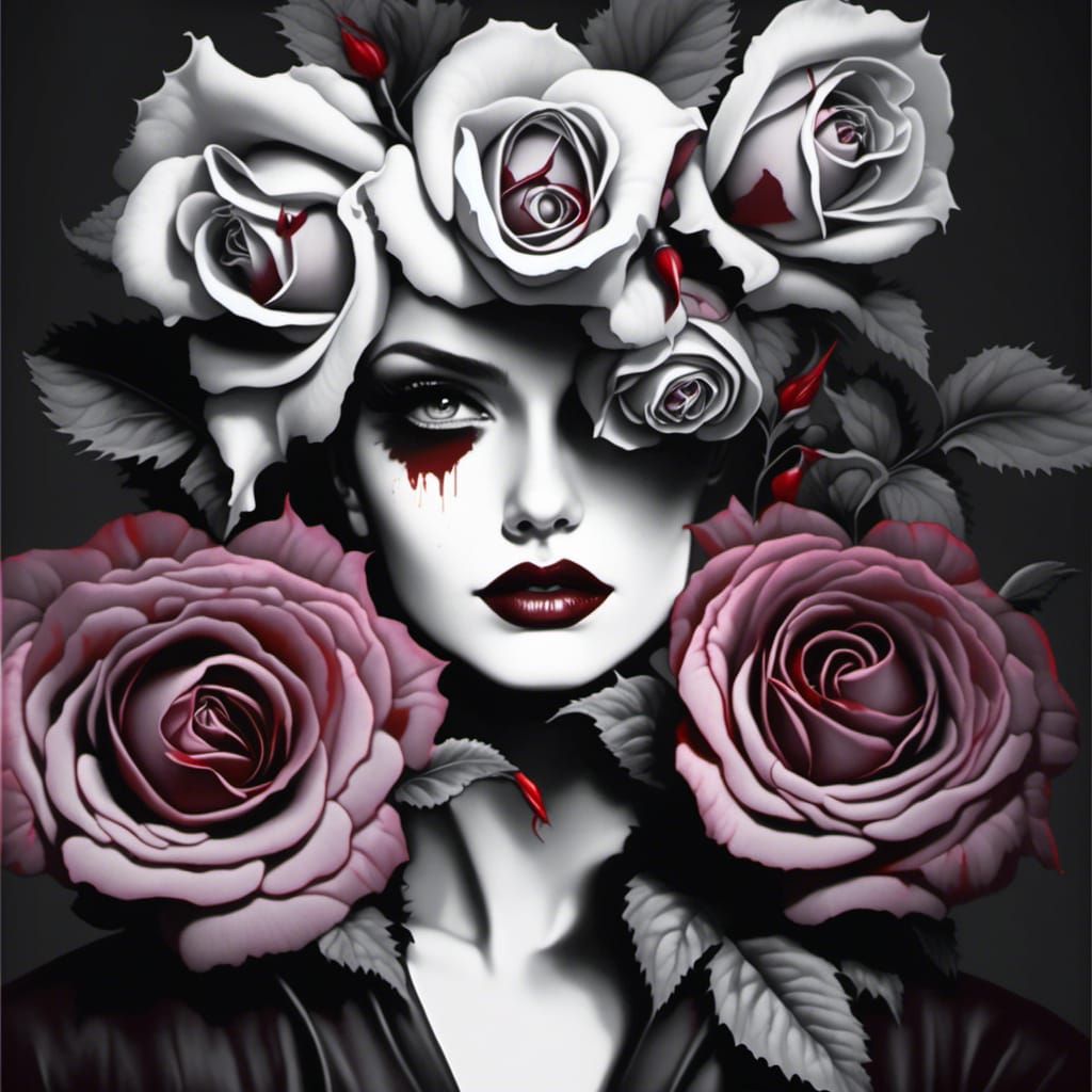 Skeletal Embrace with Roses: Dark Fantasy Art