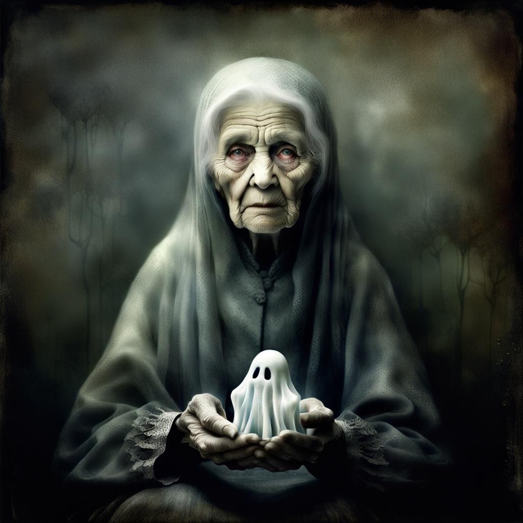 Eerie Photograph of Old Woman with Ghost