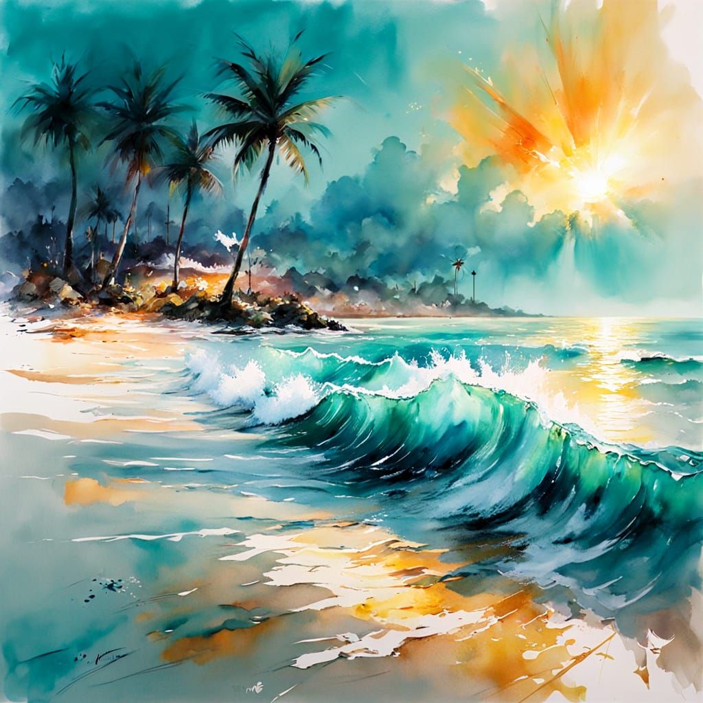 Turquoise Beach with Ethereal Lighting in Watercolor Style