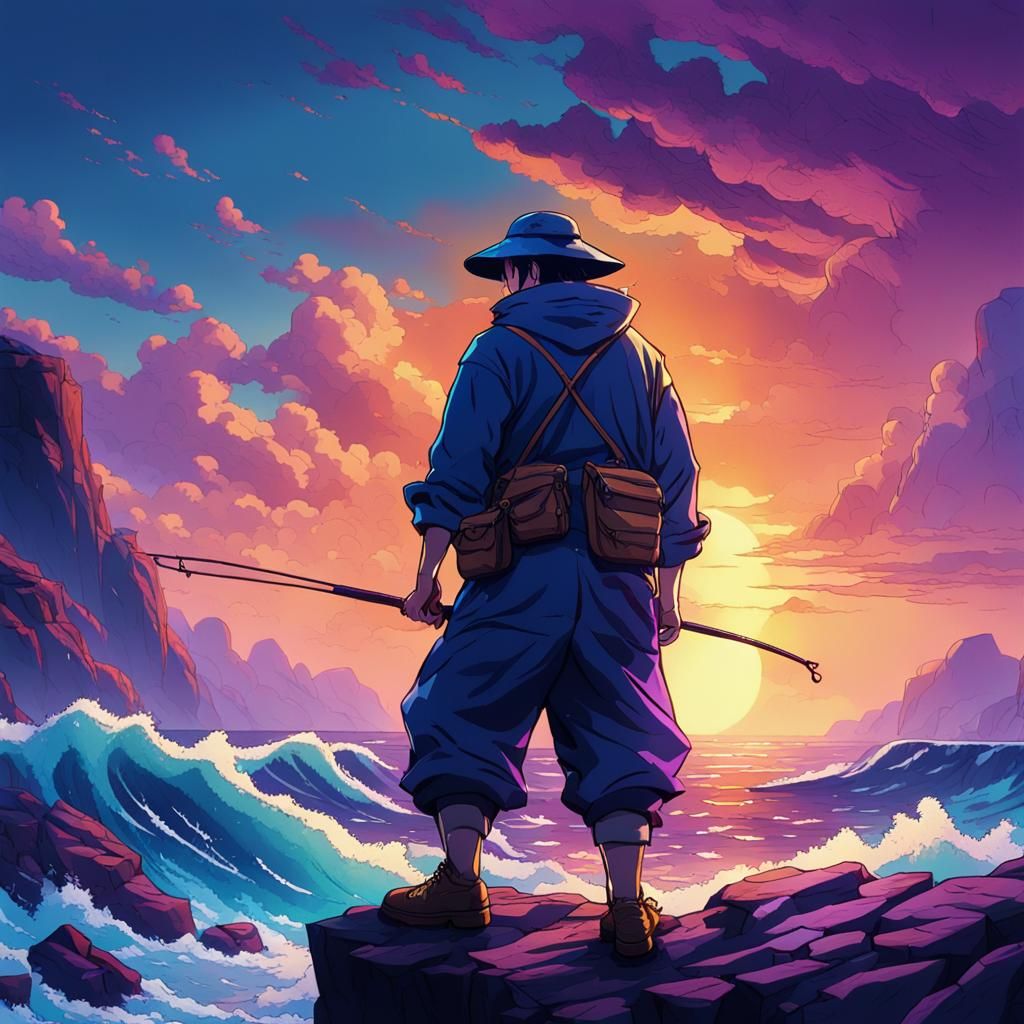 Heroic Fisherman Overlooking Turbulent Sea in Anime Style