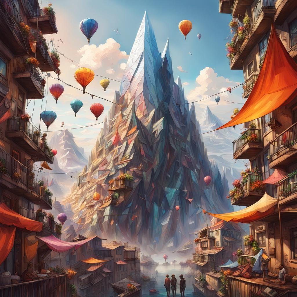 Floating City on Mountain Shard: Hyperrealistic Concept Art