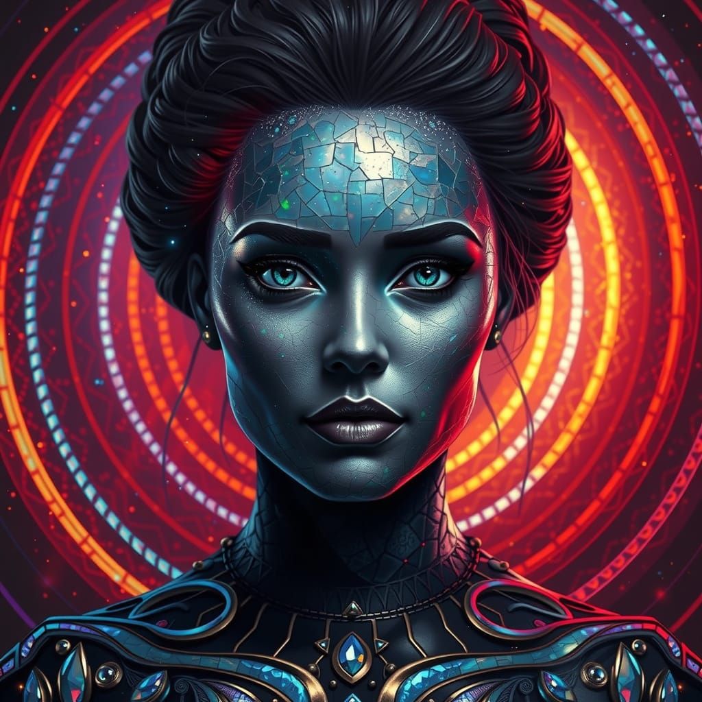 Amazonian Warrior Transformed into Gemstone Mosaic