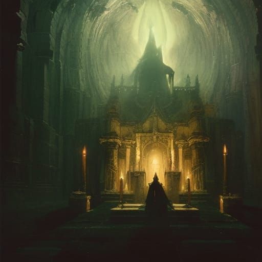 Sinister Necromancer Worshipping Dark Forces in Temple