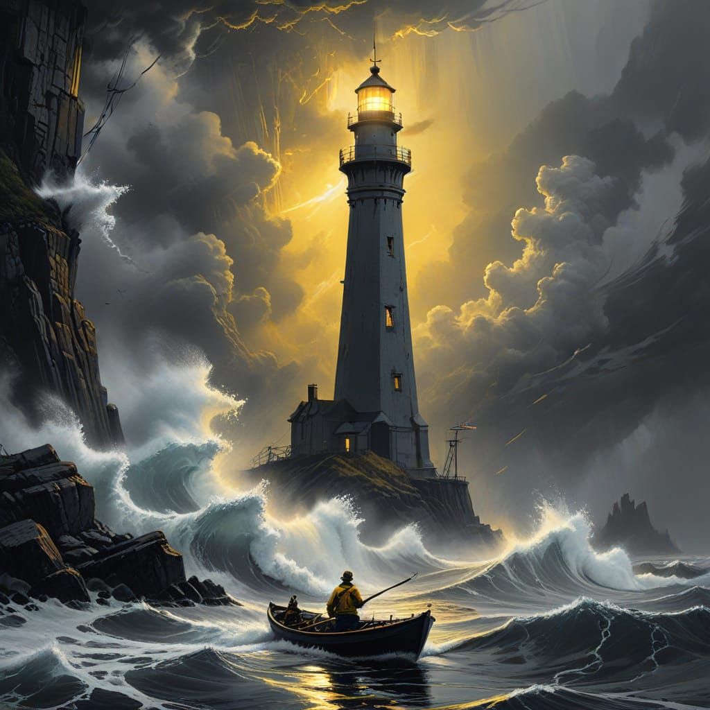 Dramatic Lighthouse Drawing in Grayscale Charcoal Style