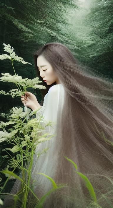 Elegant Etching of Woman with Flower and Forest