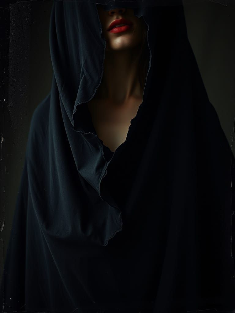 Tattered Black Cloth Conceals and Reveals a Woman's Form in ...