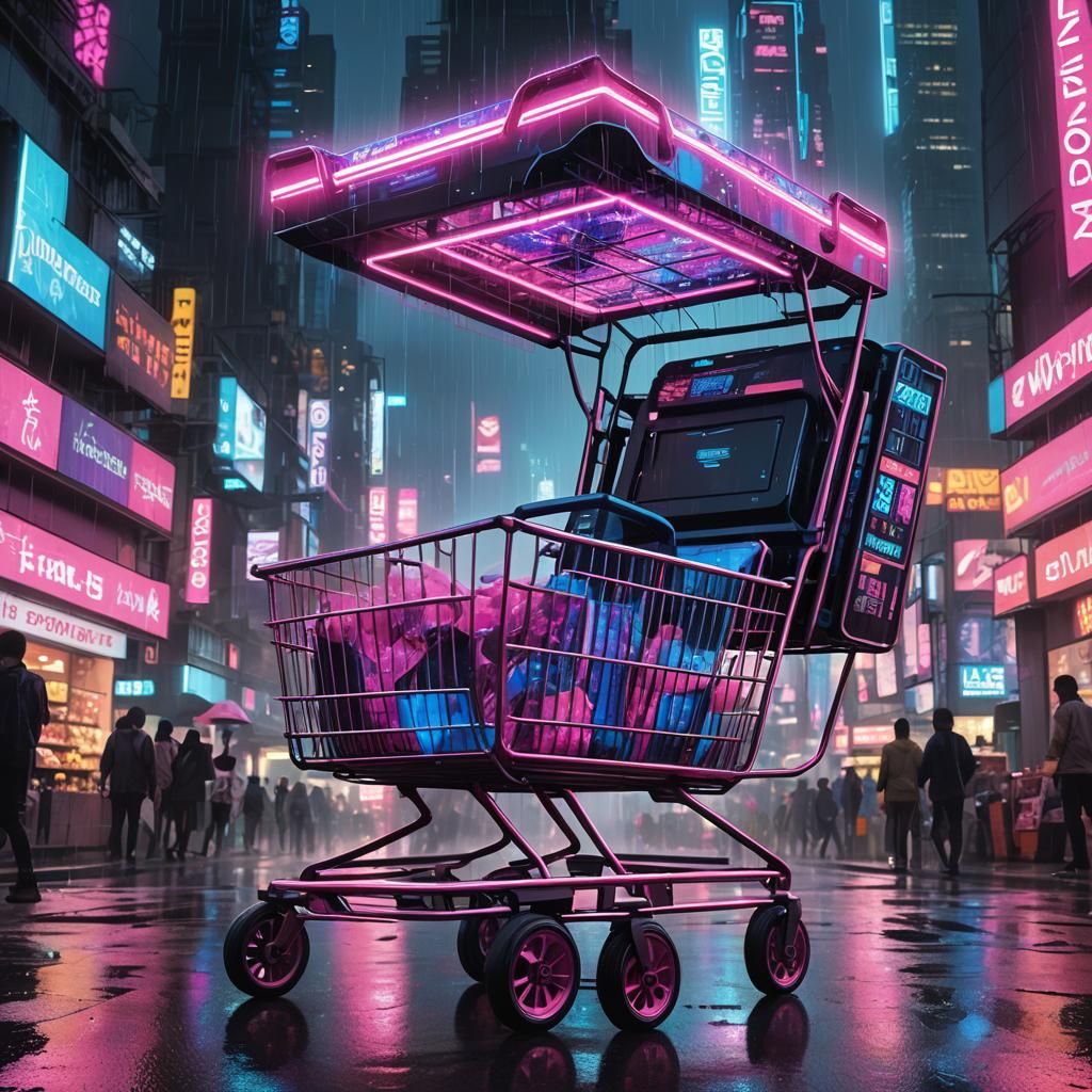 Cyberpunk Shopping Cart in Dystopian Cityscape