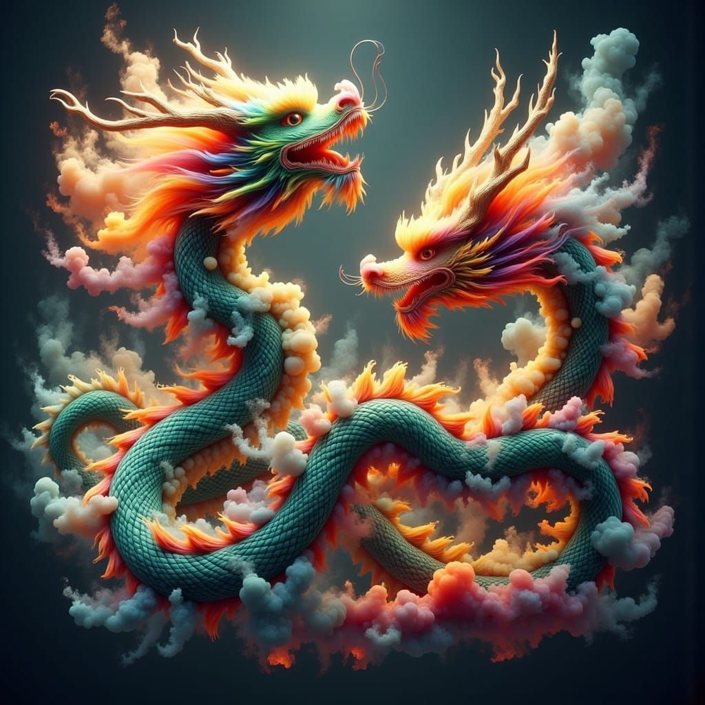 Majestic Chinese Dragons in Vibrant, Iridescent Scales