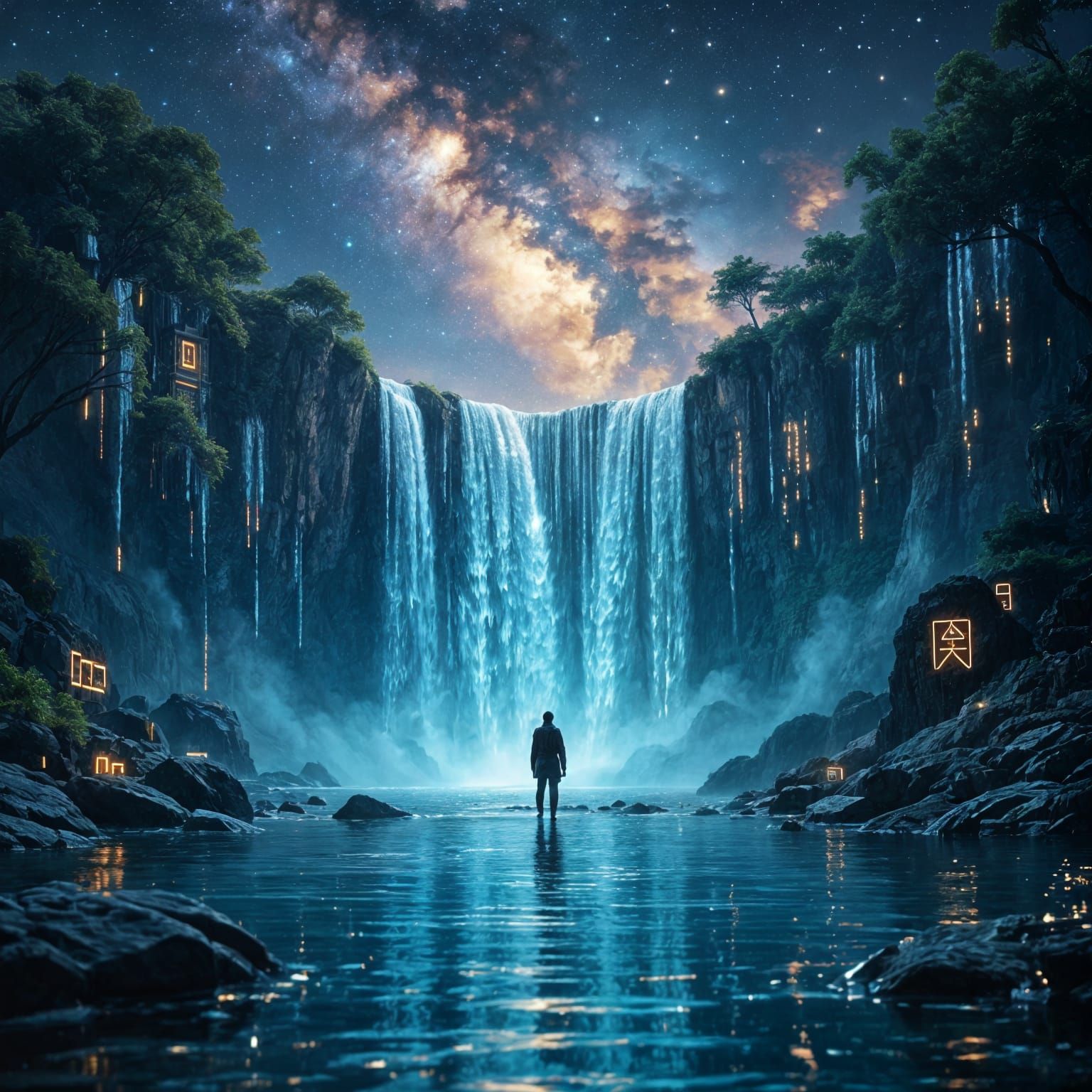 Lone Figure at Binary Waterfall Overlooking Nebula Pool