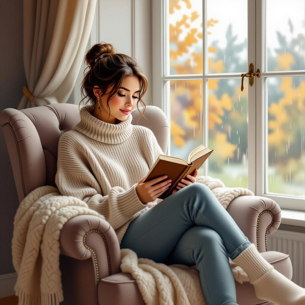 Young Woman Reading by Window in Cozy Autumn Scene