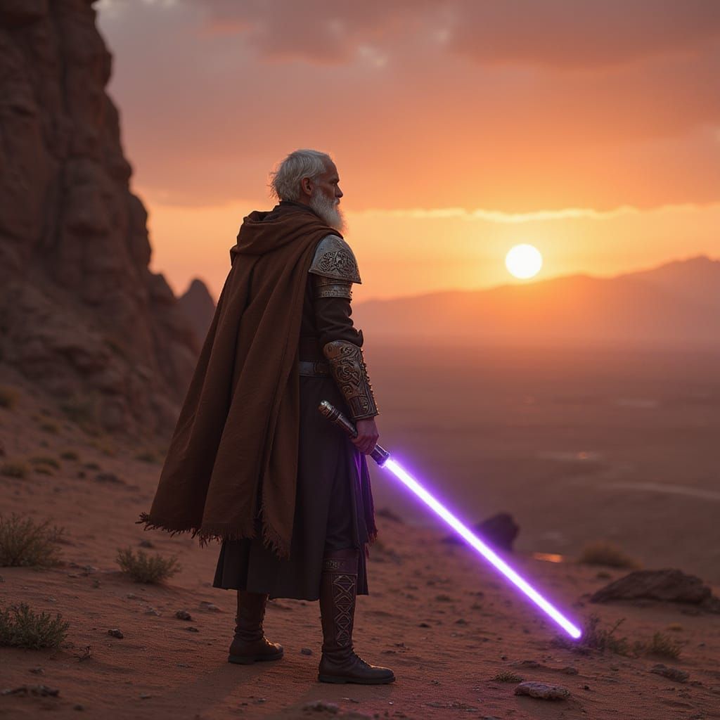 Jedi Warrior on Alien Planet at Binary Sunset