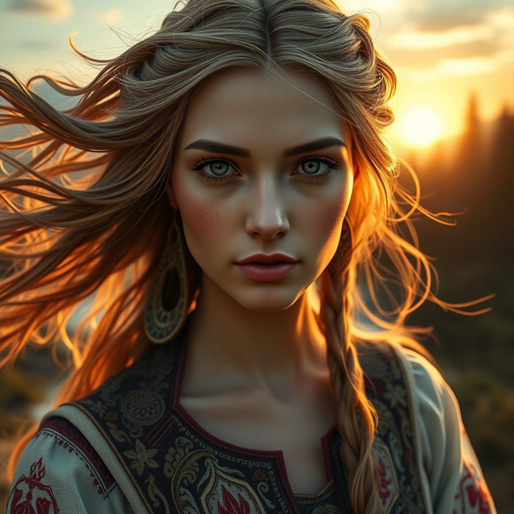 Ethereal Slavic Muse Amidst Sunset Forest