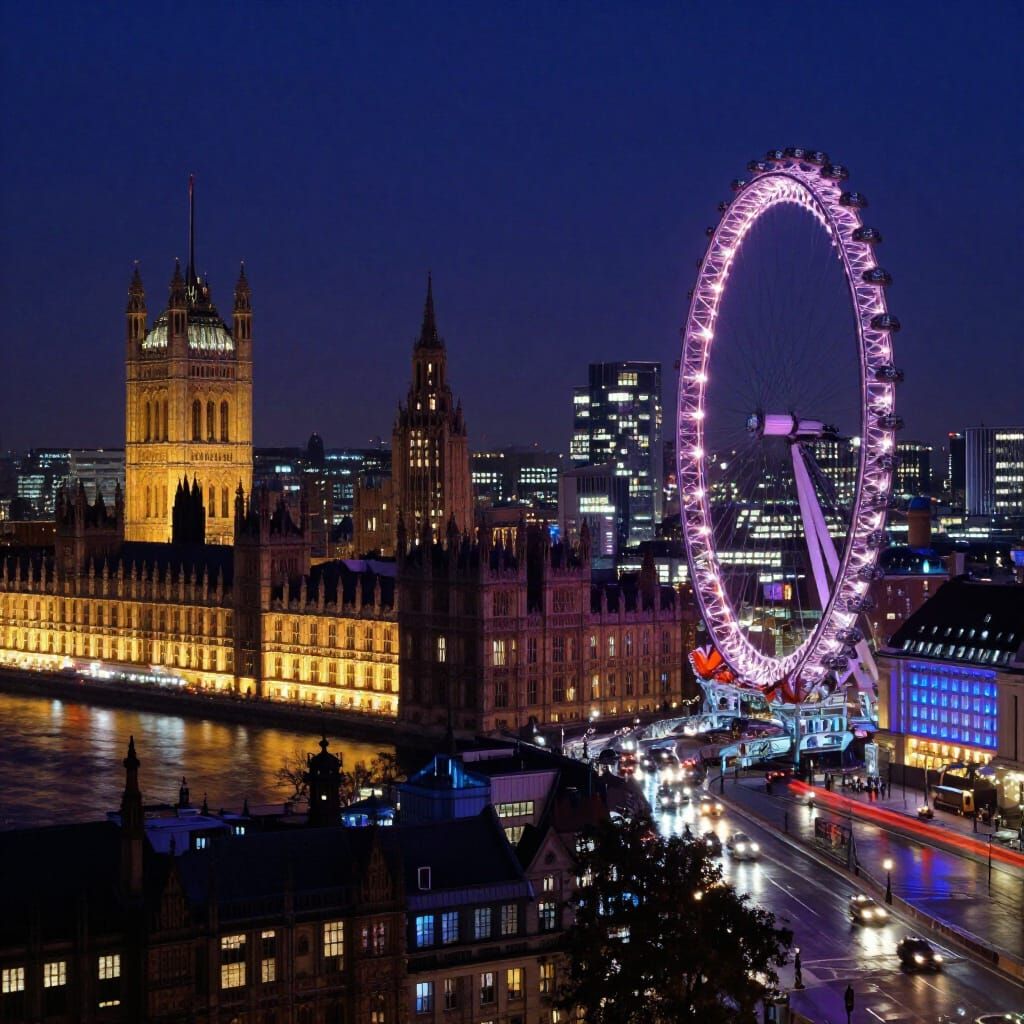 Vibrant London Skyline at Night Digital Painting