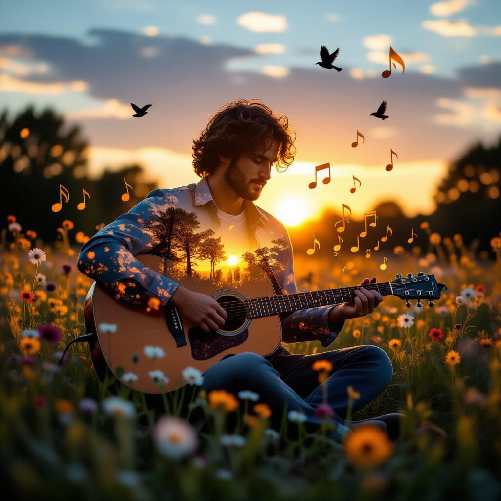 Serene Musician Silhouette Merged with Sunset Nature