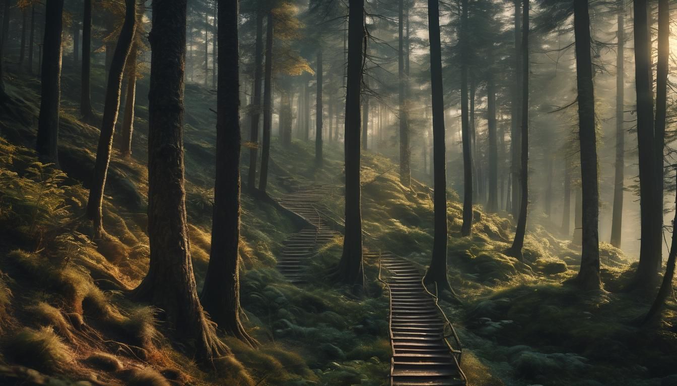 Mystical Forest: Hiker on Winding Staircase at Golden Hour