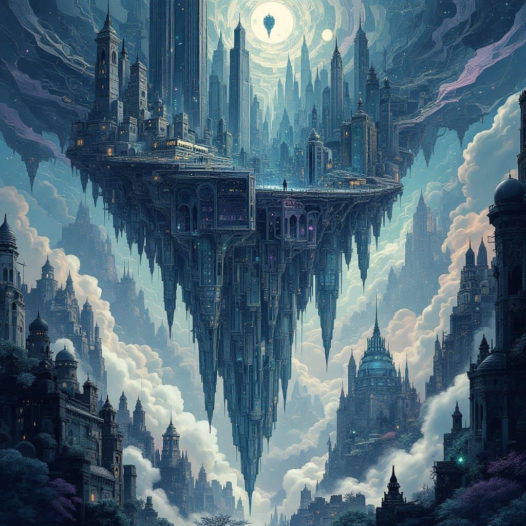 Escher-Inspired Cityscape in Whimsical, Dreamlike Background