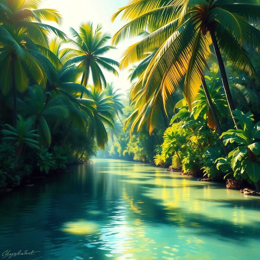 Serene Tropical River in Impressionist Style