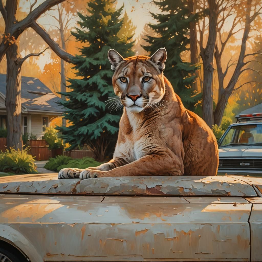 Cougar Relaxing on Car: Impasto Oil Painting