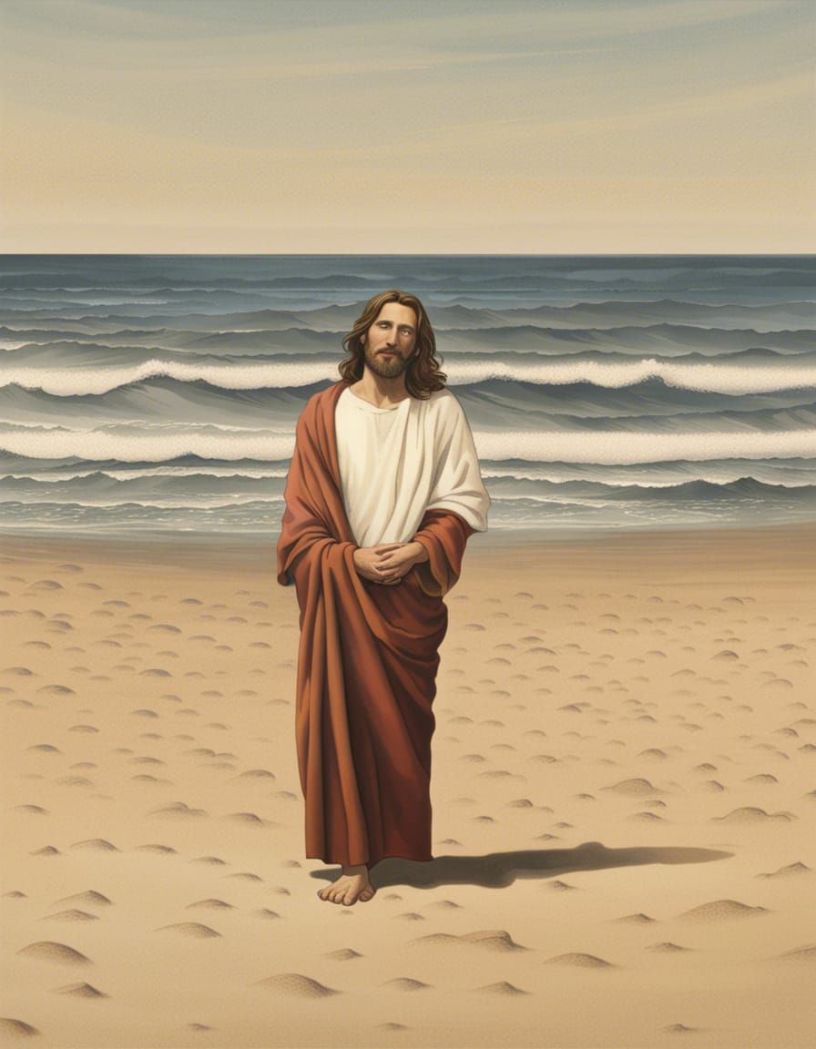 Jesus Christ Walking on a Peaceful Beach
