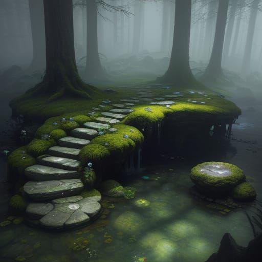 Mystical Flip Flops on Mossy Pedestal in Iridescent Hues