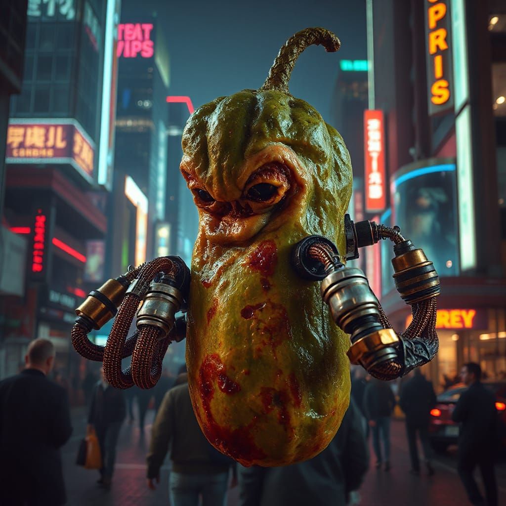 Cybernetic Pickle in a Neon-Lit Metropolis