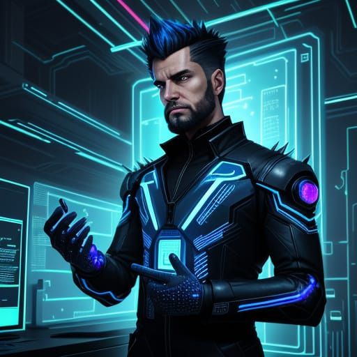 Genius Hacker in Futuristic Lab with Holographic Interface