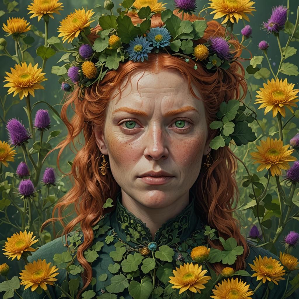 Van Gough, raw makeup-free middle aged chubby green eyed ginger woman