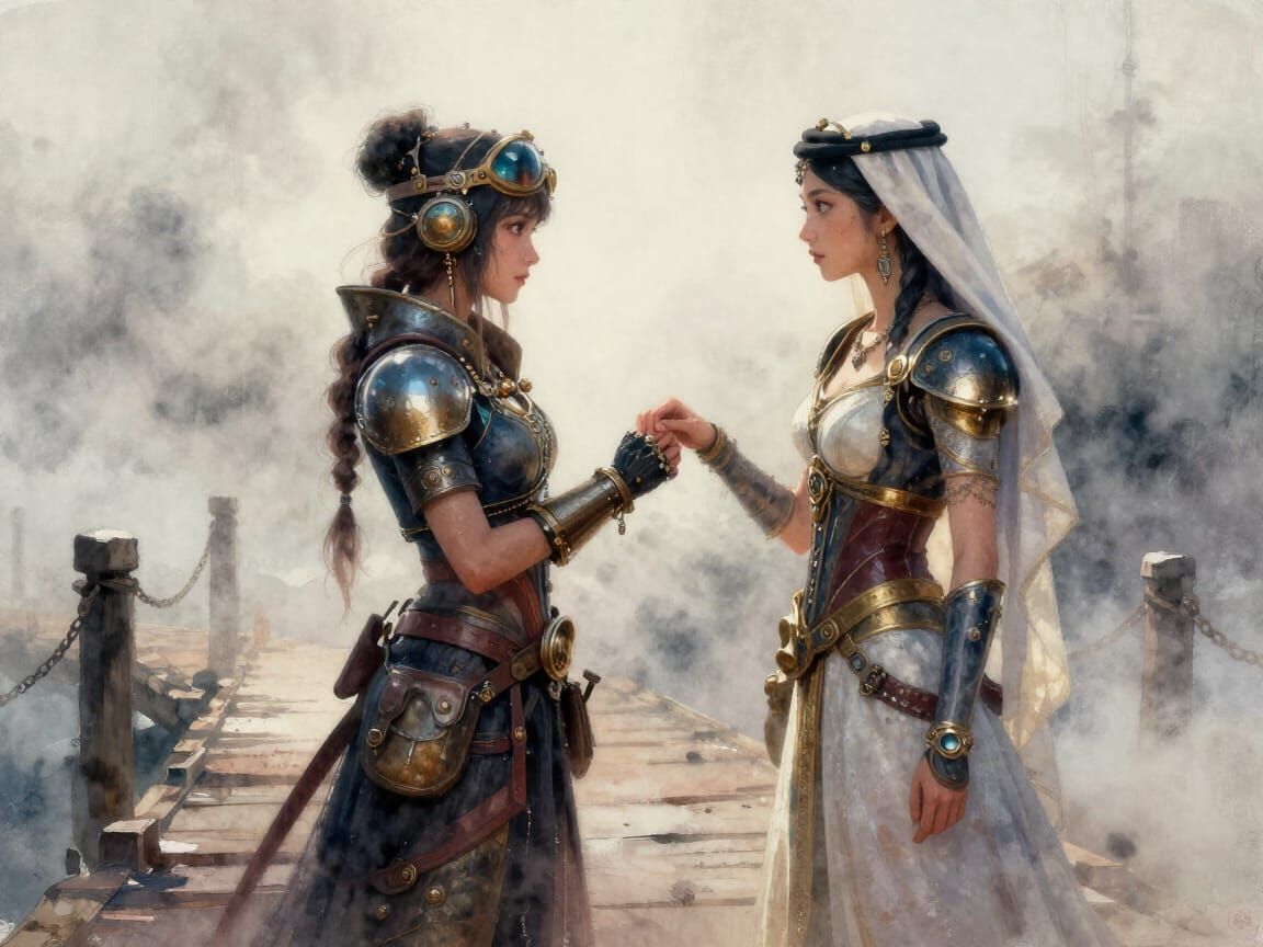 Cyberpunk Princess Meets Steampunk Princess in Foggy Waterco...