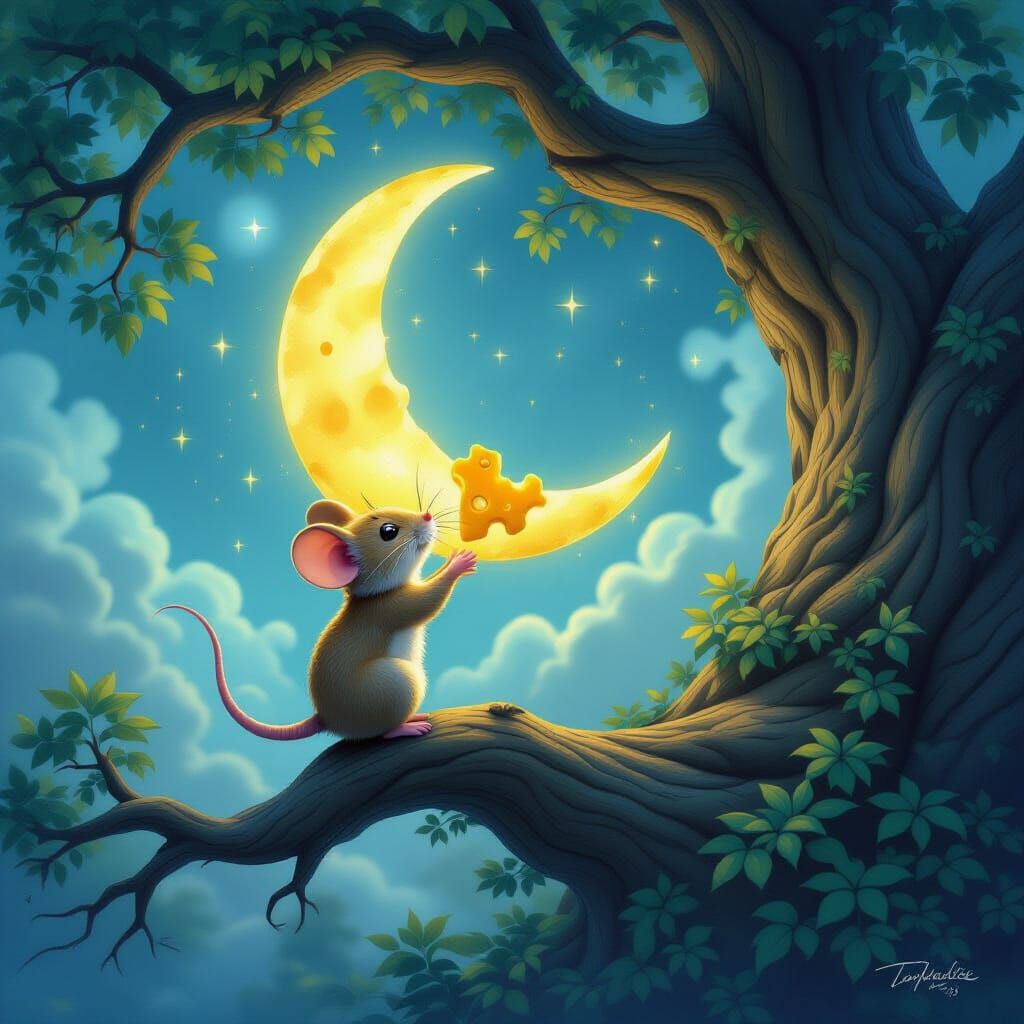 Mouse Reaches for Cheese Moon in Ethereal Fantasy Art