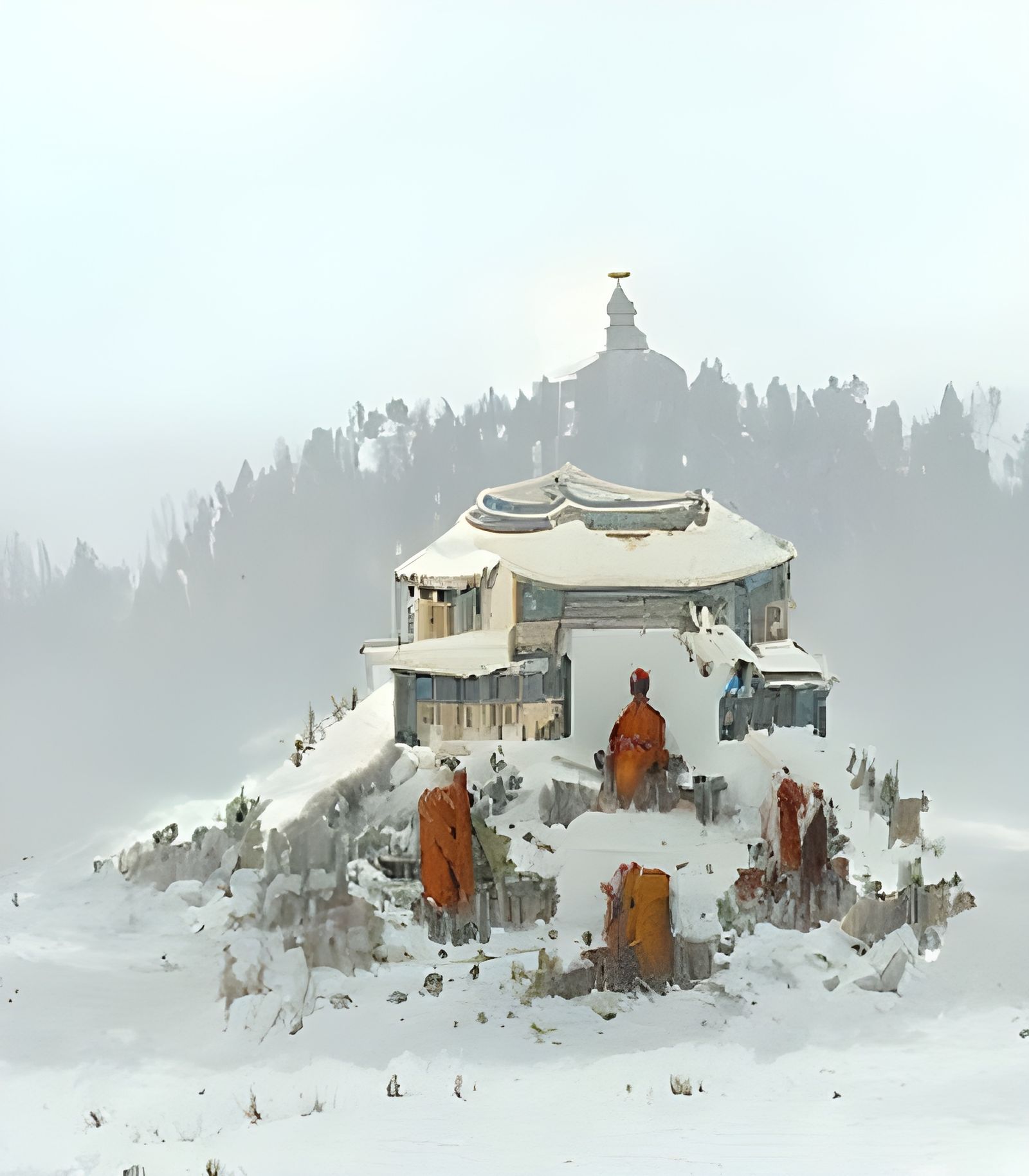 Monks' Temple on Snowy Hilltop