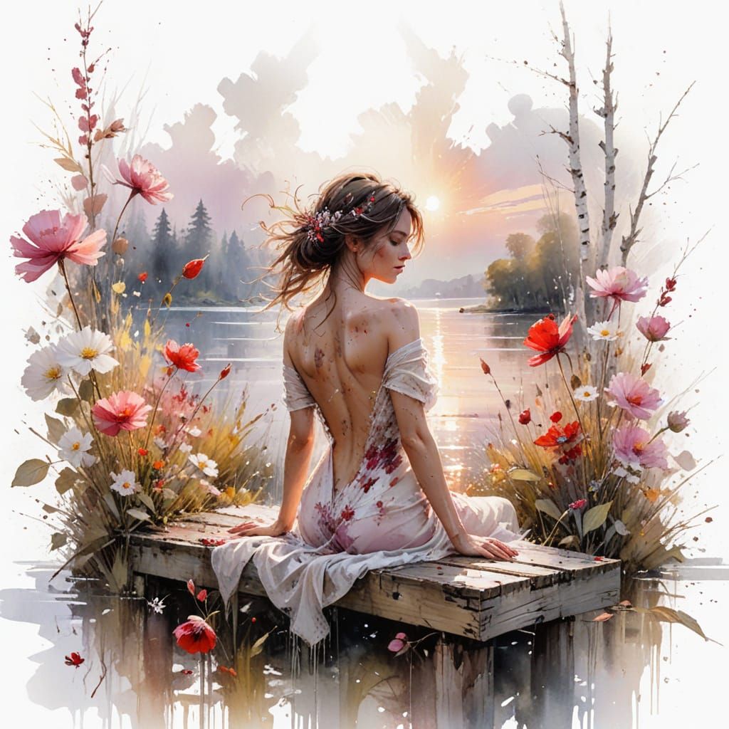 Golden Hour Wildflowers by Tranquil Lake with Wooden Pier