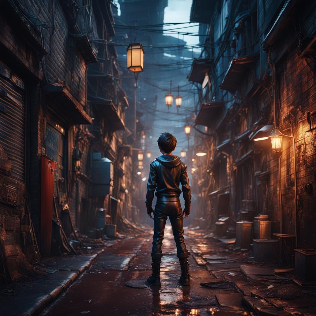 Anime Style Boy Expanding Body in Alley