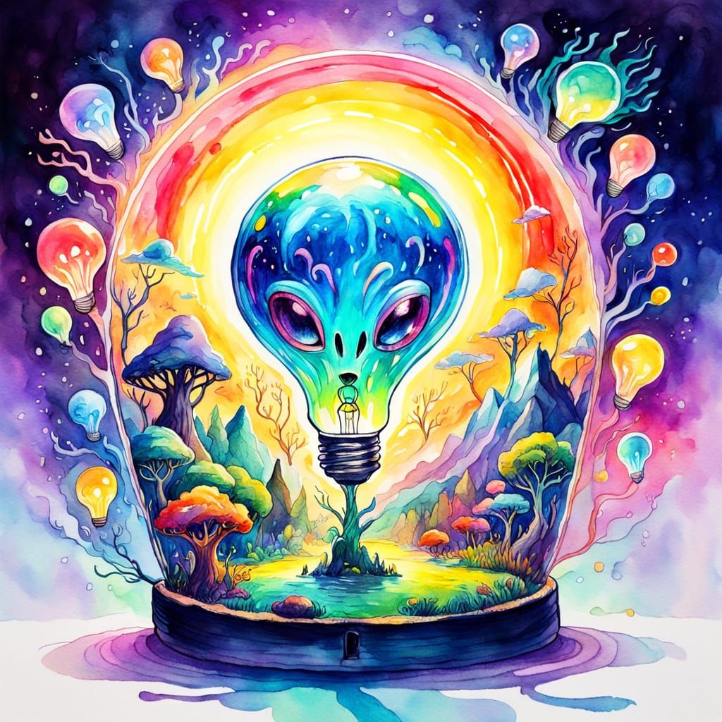 Alien World Inside Light Bulb, Watercolor Sketch