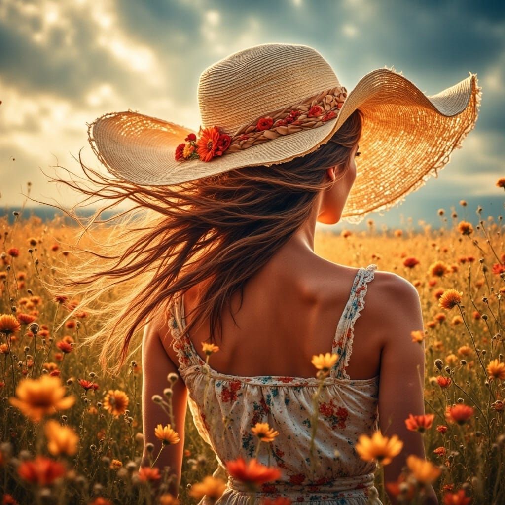Impasto Oil Painting of a Sunhat in a Field of Flowers