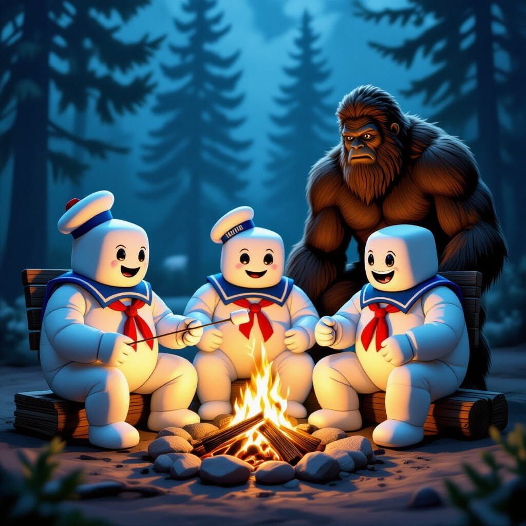 Marshmallow Men Roast Marshmallows with Bigfoot