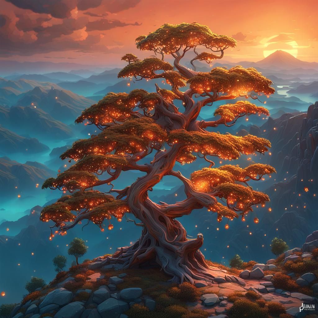 Luminescent Tree on Mountain Top at Dusk